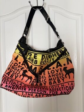 L.A.M.B. Y2K Yellow to Orange and Pink Gradient Text Hobo Bag with Black Accents